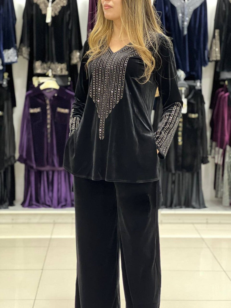 Black velvet sparkling diamond work palazzo suit