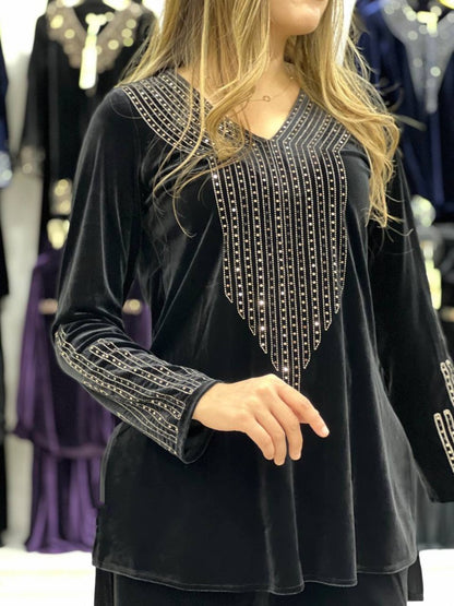 Black velvet sparkling diamond work palazzo suit