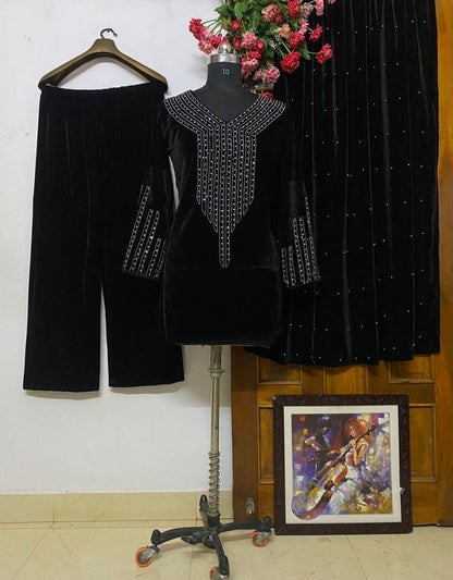 Black velvet sparkling diamond work palazzo suit