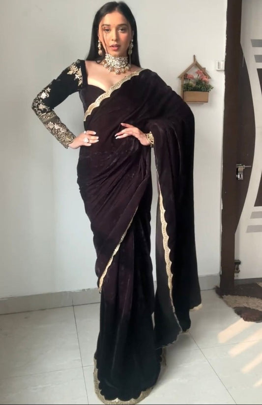 Black velvet thread sequence work party wear saree