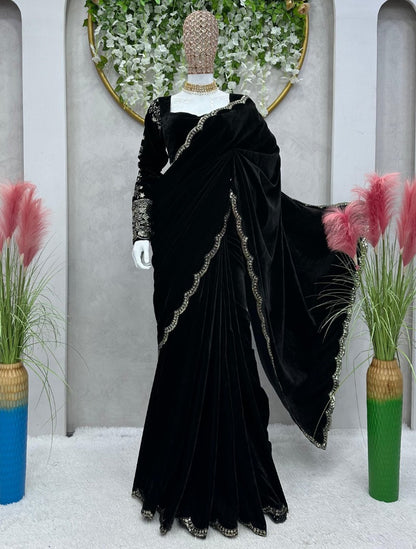 Black velvet thread sequence work party wear saree
