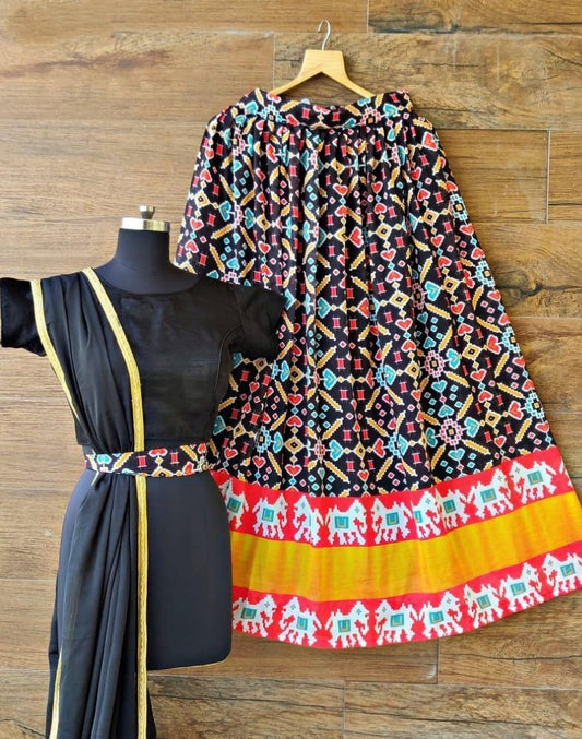 Black vichitra silk multicolor printed festive lehenga choli