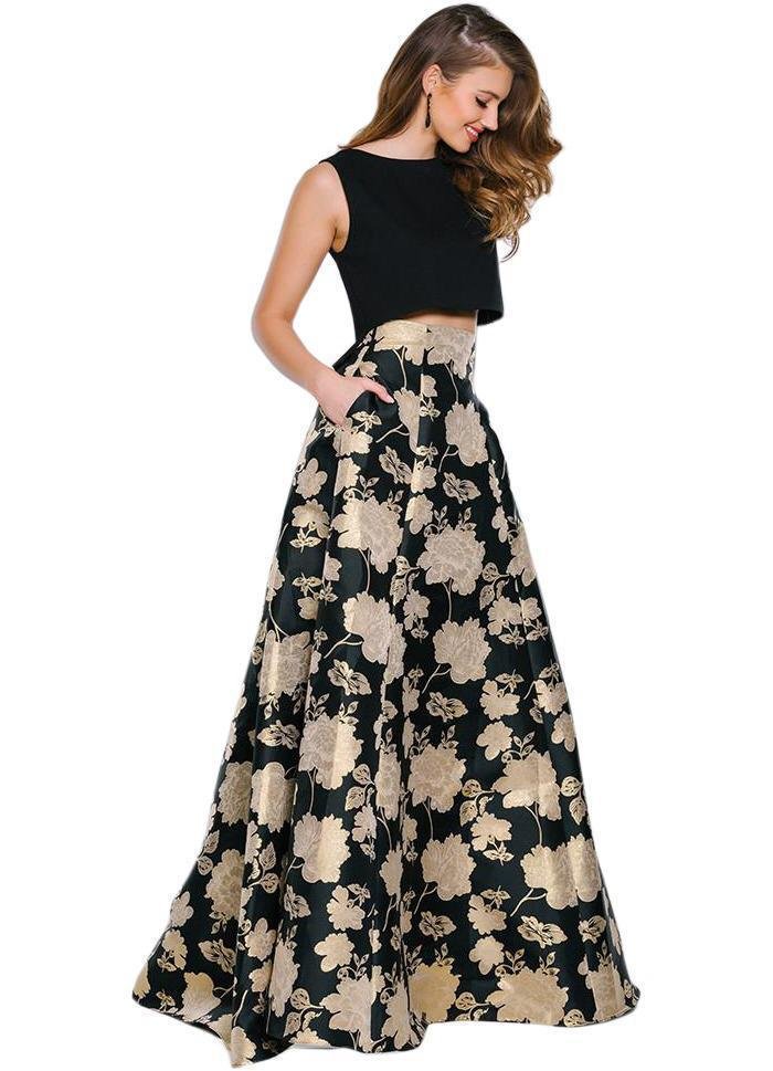 Black zari satin box cut golden flower printed crop top lehenga