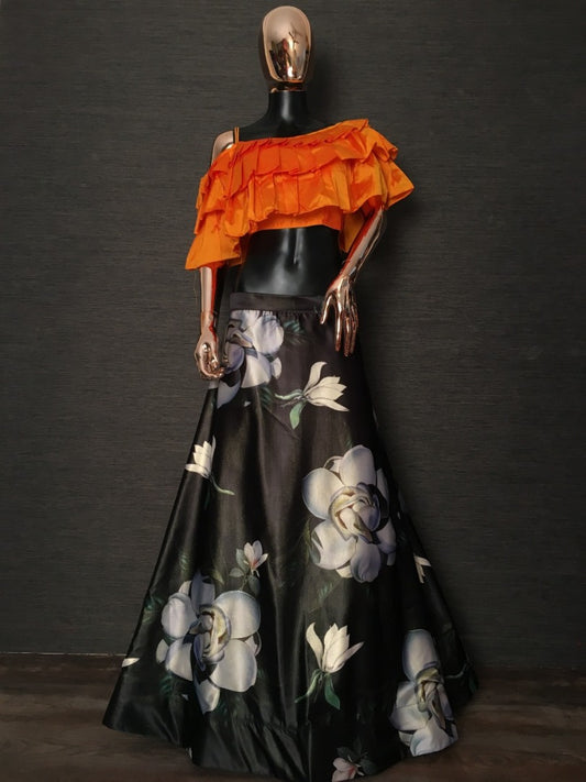 Black zari satin silk big flower printed crop top lehenga