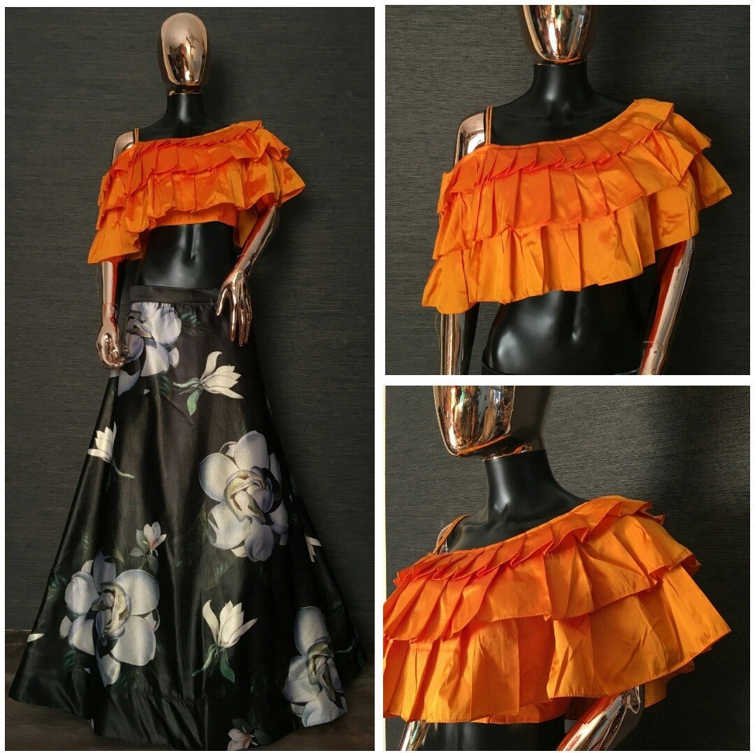 Black zari satin silk big flower printed crop top lehenga