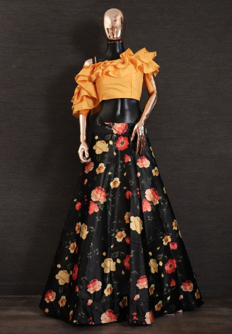 Black zari satin silk flower printed crop top lehenga
