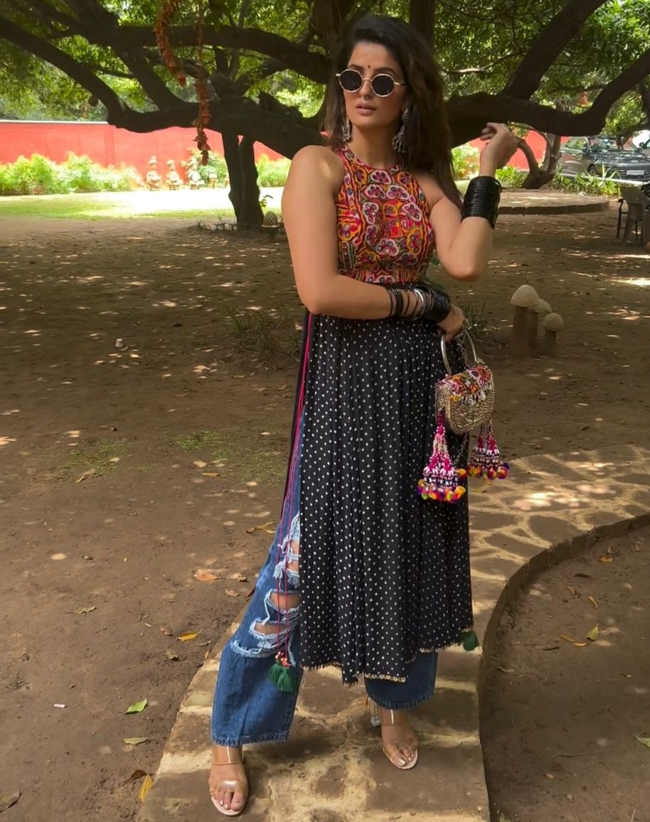 Georgette printed chainstitch work stylish kurti Black