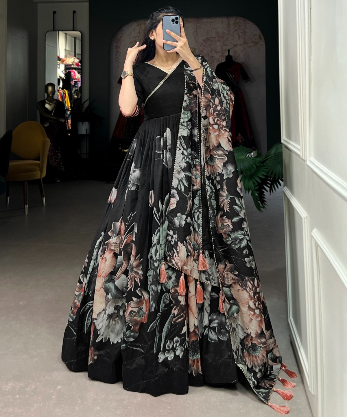 Tussar silk floral printed long stylish gown Black Free Size