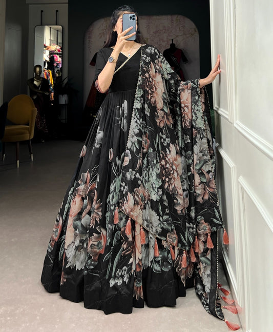 Tussar silk floral printed long stylish gown