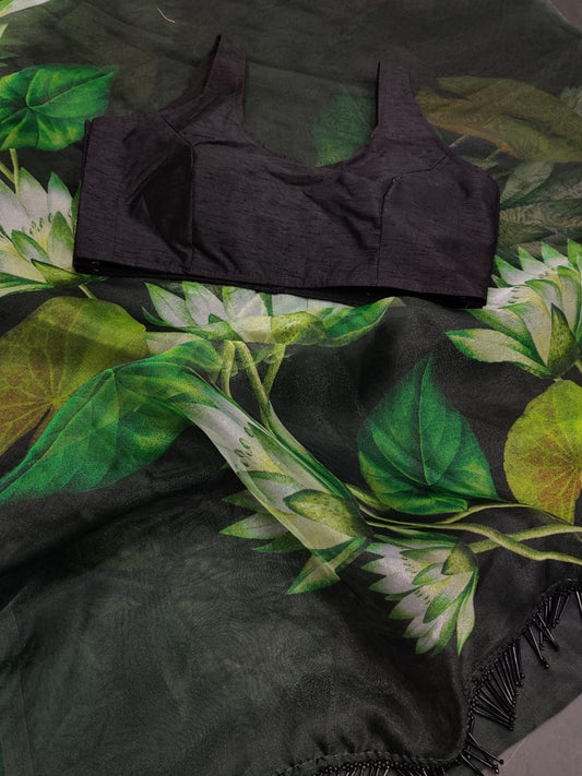 Blak soft organza fancy jhalar and flower printed work saree