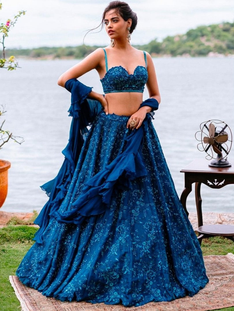 Blue american crap silk embroidered lehenga choli