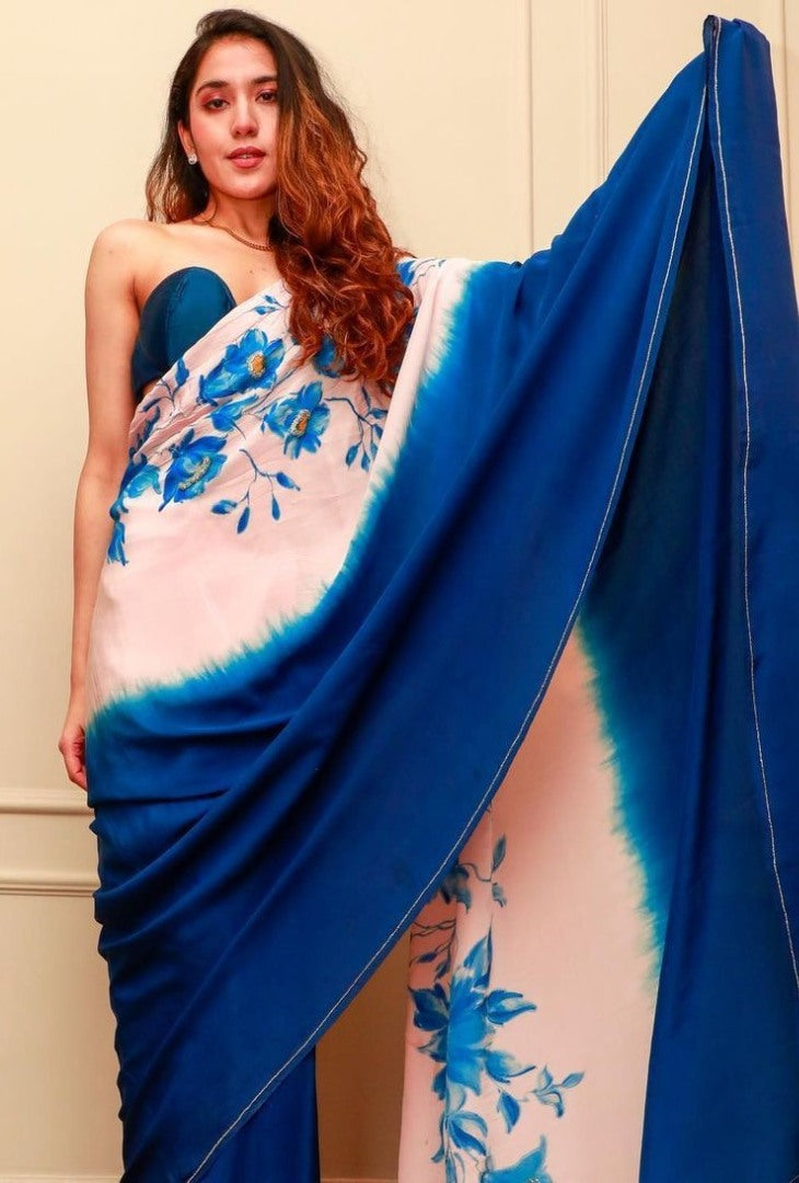 Blue and baby pink satin silk digital printed hand worked saree