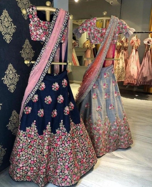 Blue and grey embroidered wedding lehenga