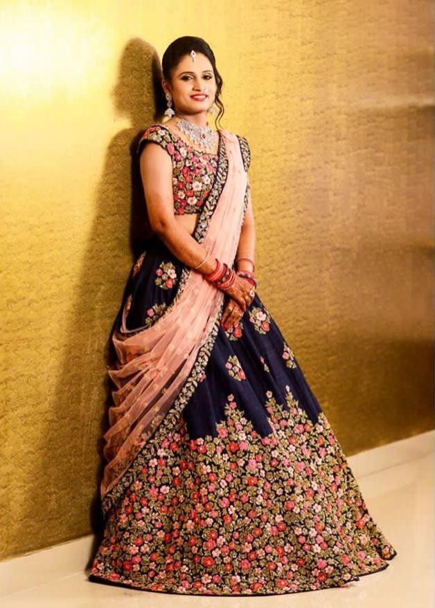 Blue and grey embroidered wedding lehenga