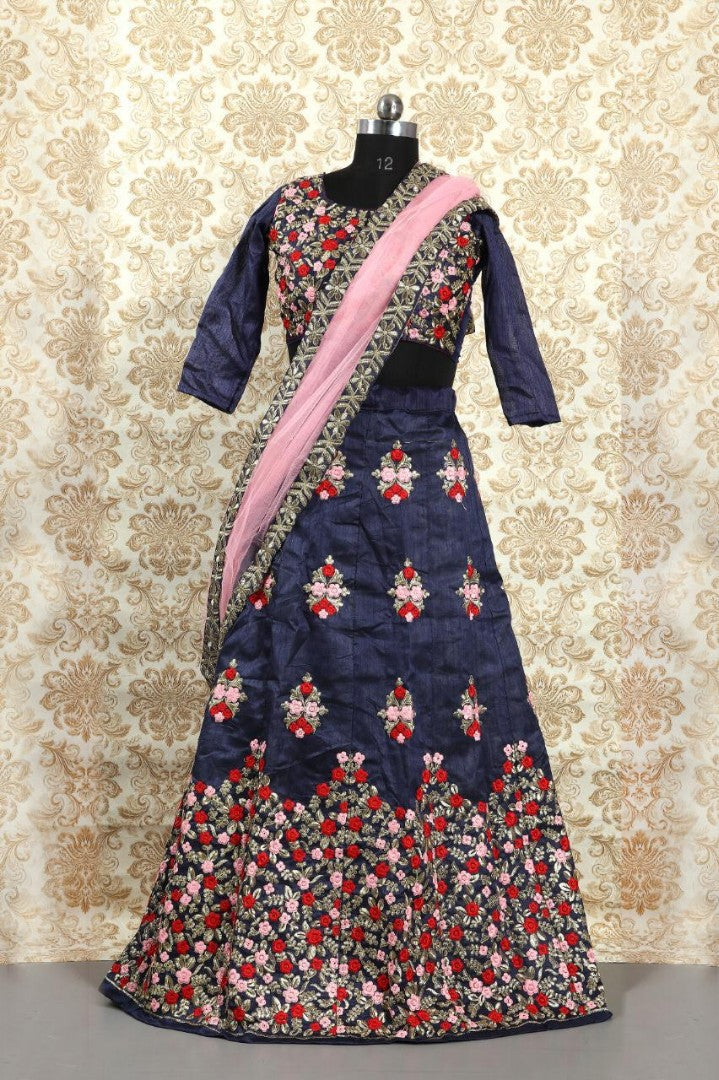 Blue and grey embroidered wedding lehenga