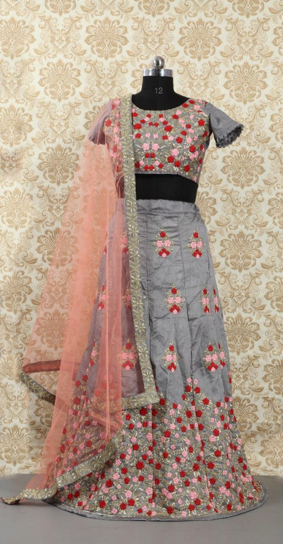 Blue and grey embroidered wedding lehenga
