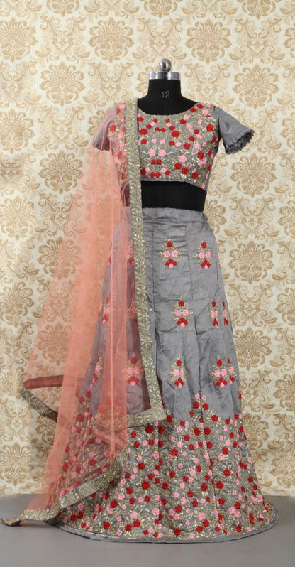 Blue and grey embroidered wedding lehenga