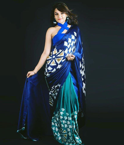 Blue and rama half half printed ultra satin fancy saree