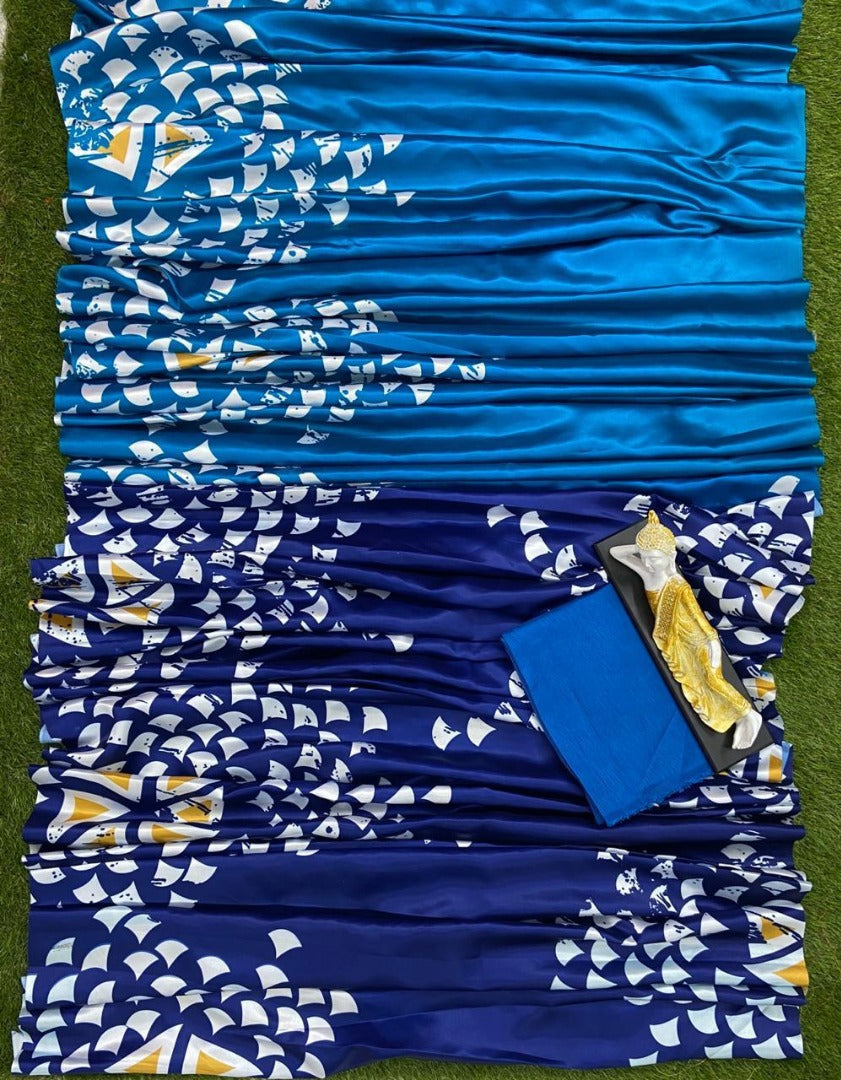 Blue and rama half half printed ultra satin fancy saree