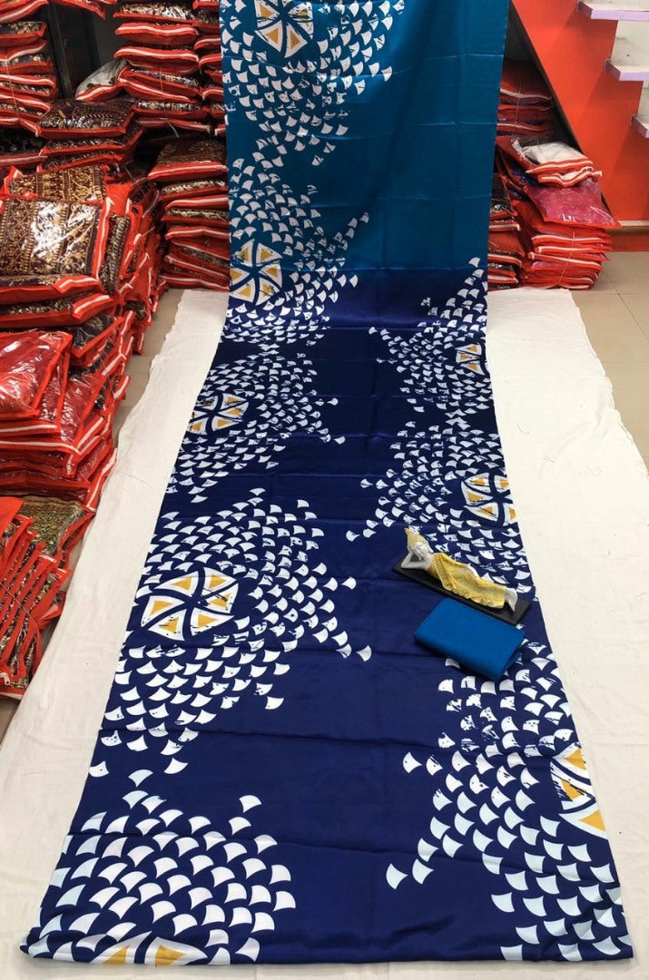 Blue and rama half half printed ultra satin fancy saree