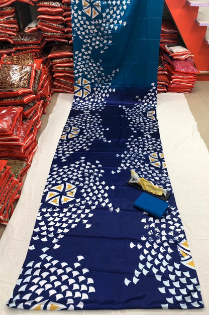 Blue and rama half half printed ultra satin fancy saree