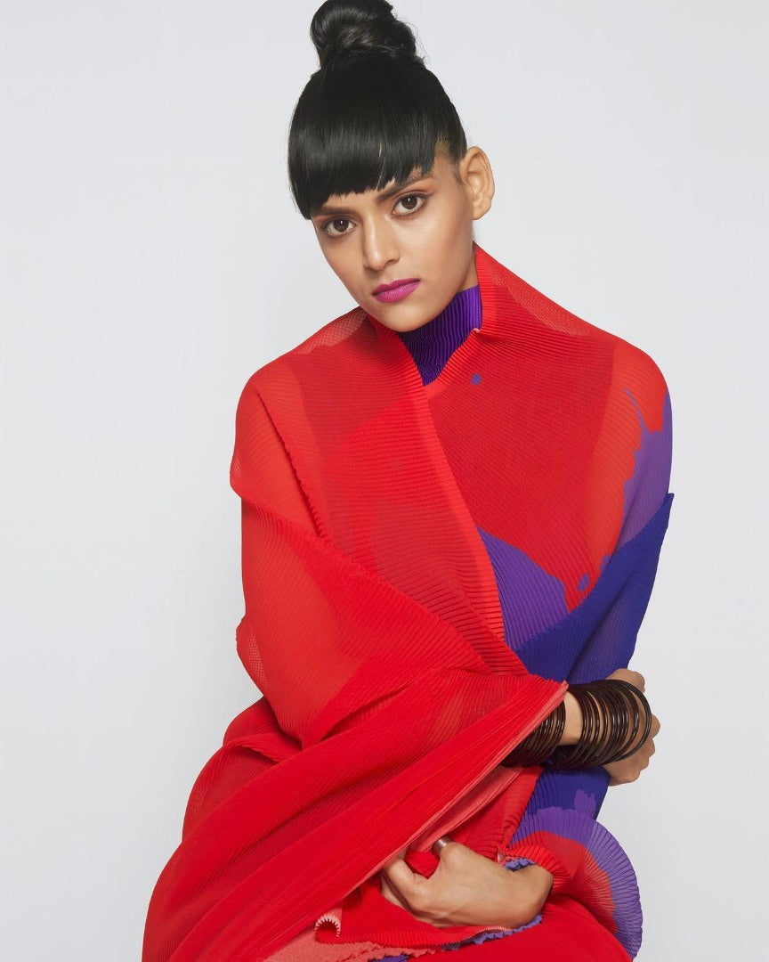 Blue and red georgette printed pleated saree