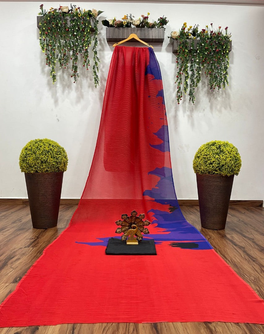 Blue and red georgette printed pleated saree