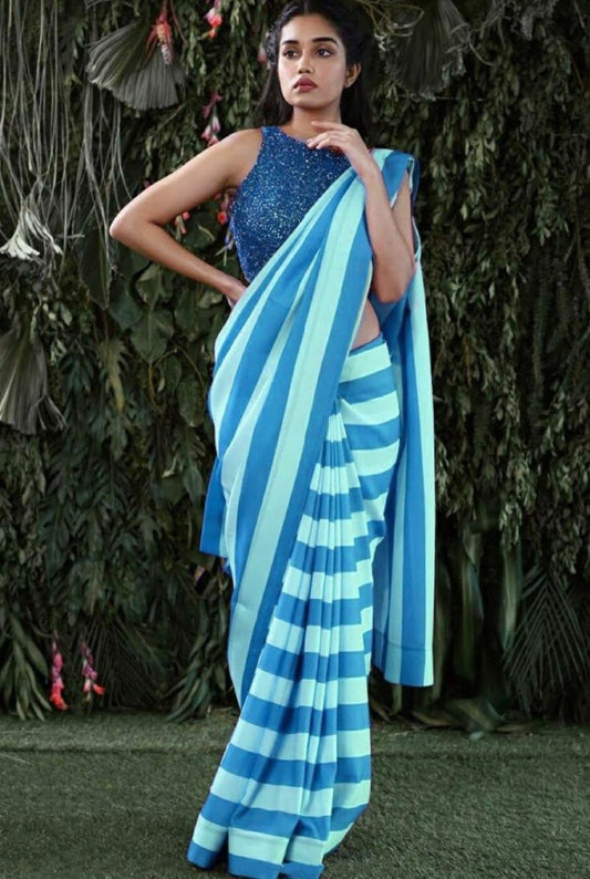 Blue and skyblue stripe satin georgette partywear saree