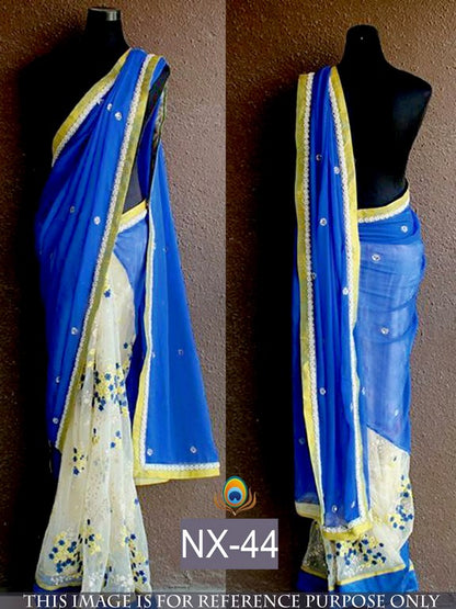 Blue and white embroidered half half saree
