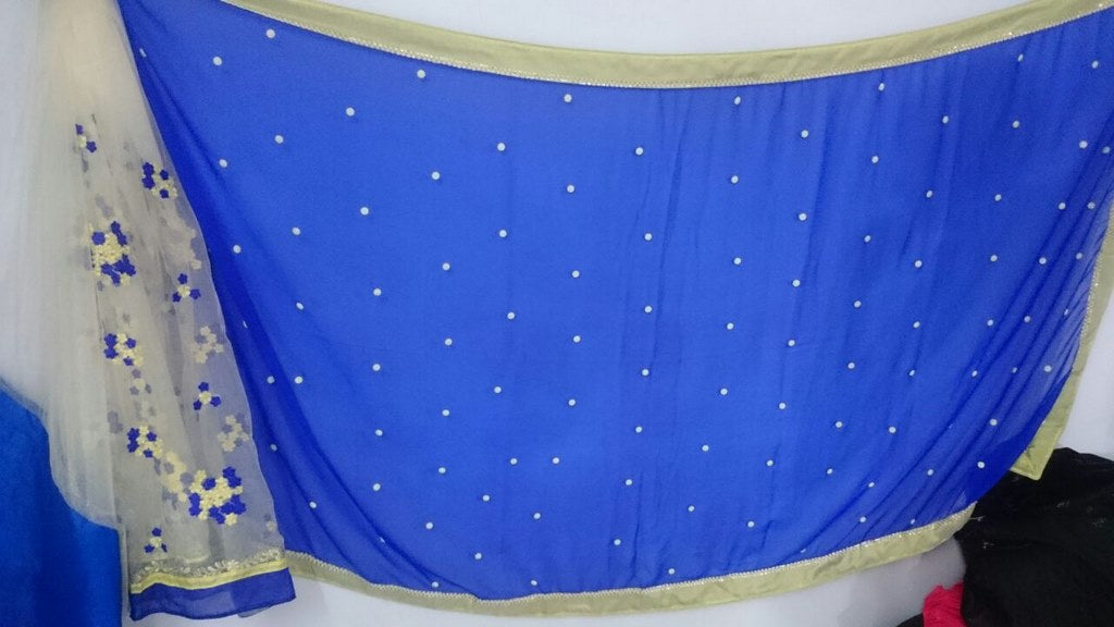 Blue and white embroidered half half saree