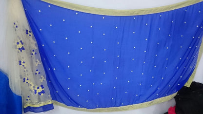 Blue and white embroidered half half saree