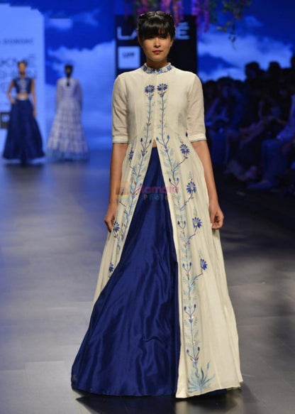 Blue and white partywear indowestern lehenga