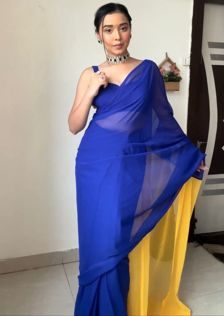 Blue and yellow georgette ready to wear alia bhatt bollywood saree