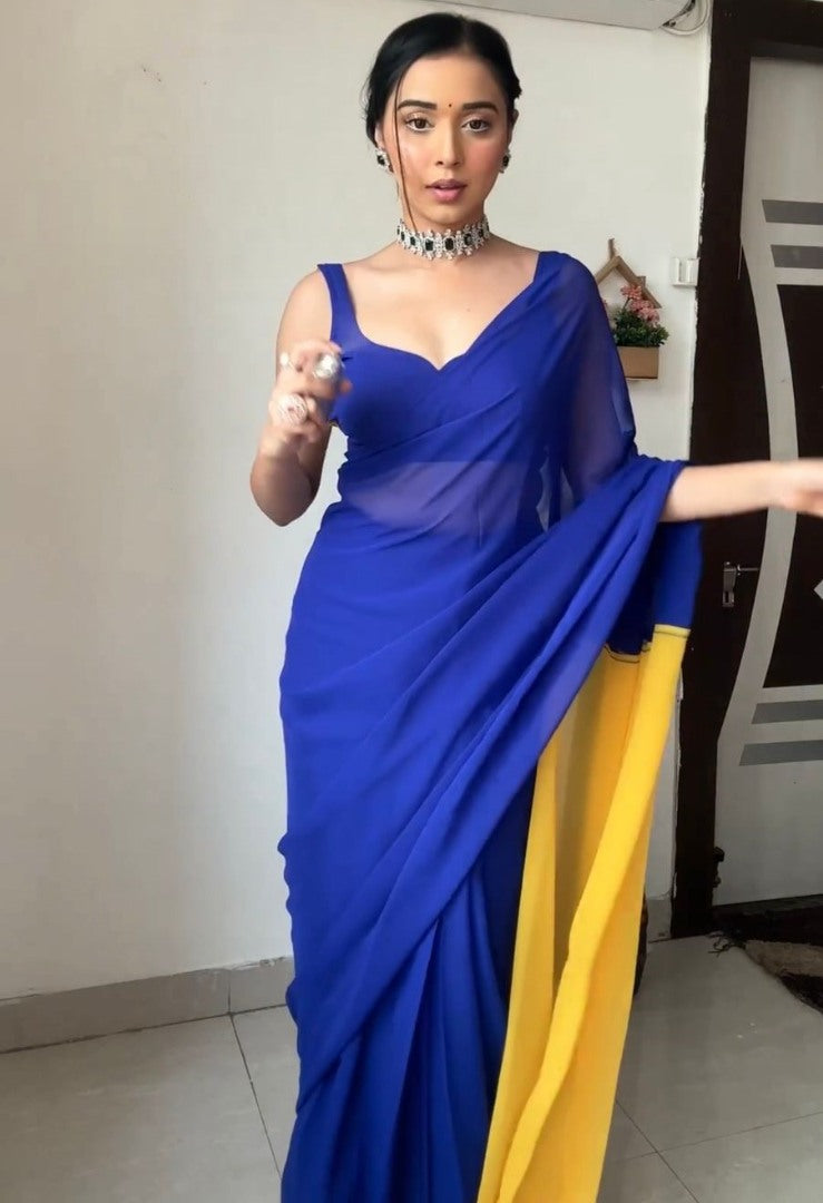 Blue and yellow georgette ready to wear alia bhatt bollywood saree