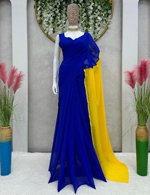 Blue and yellow georgette ready to wear alia bhatt bollywood saree