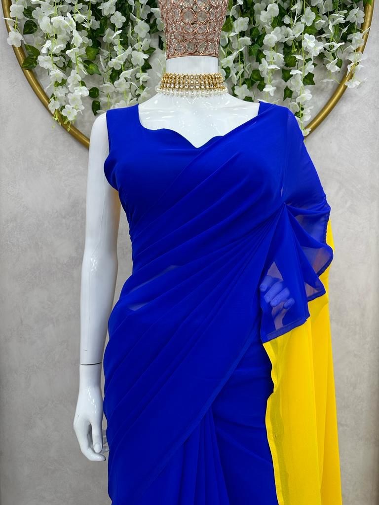 Blue and yellow georgette ready to wear alia bhatt bollywood saree