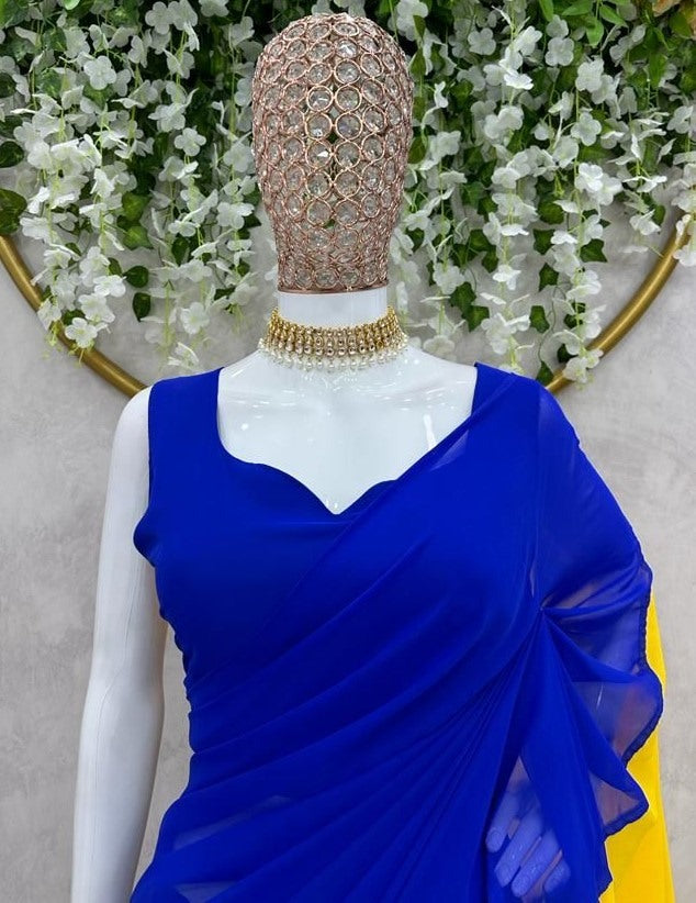 Blue and yellow georgette ready to wear alia bhatt bollywood saree