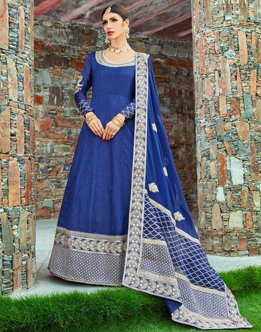 blue art silk embroidered wedding gown with dupatta