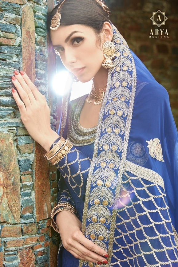 blue art silk embroidered wedding gown with dupatta