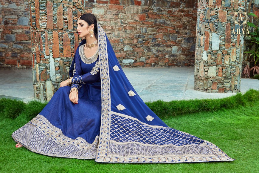 blue art silk embroidered wedding gown with dupatta