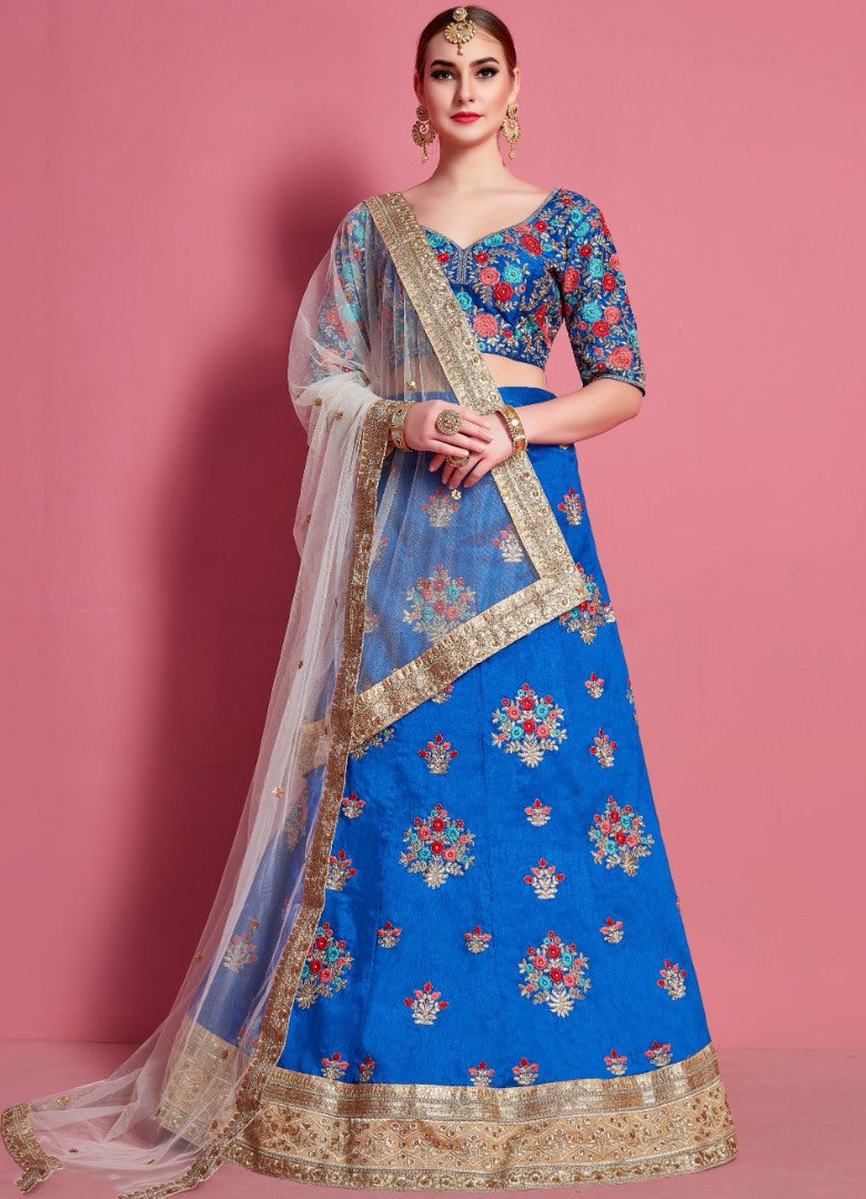 Blue art silk embroidered work party wear lehenga choli