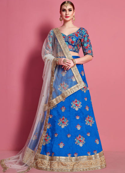 Blue art silk embroidered work party wear lehenga choli