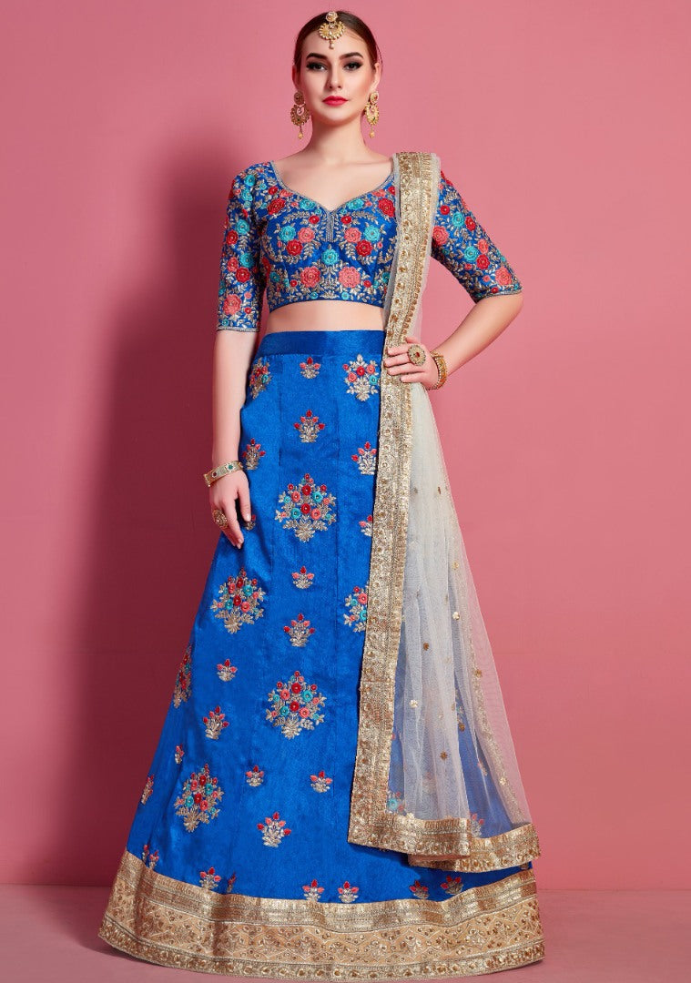 Blue art silk embroidered work party wear lehenga choli