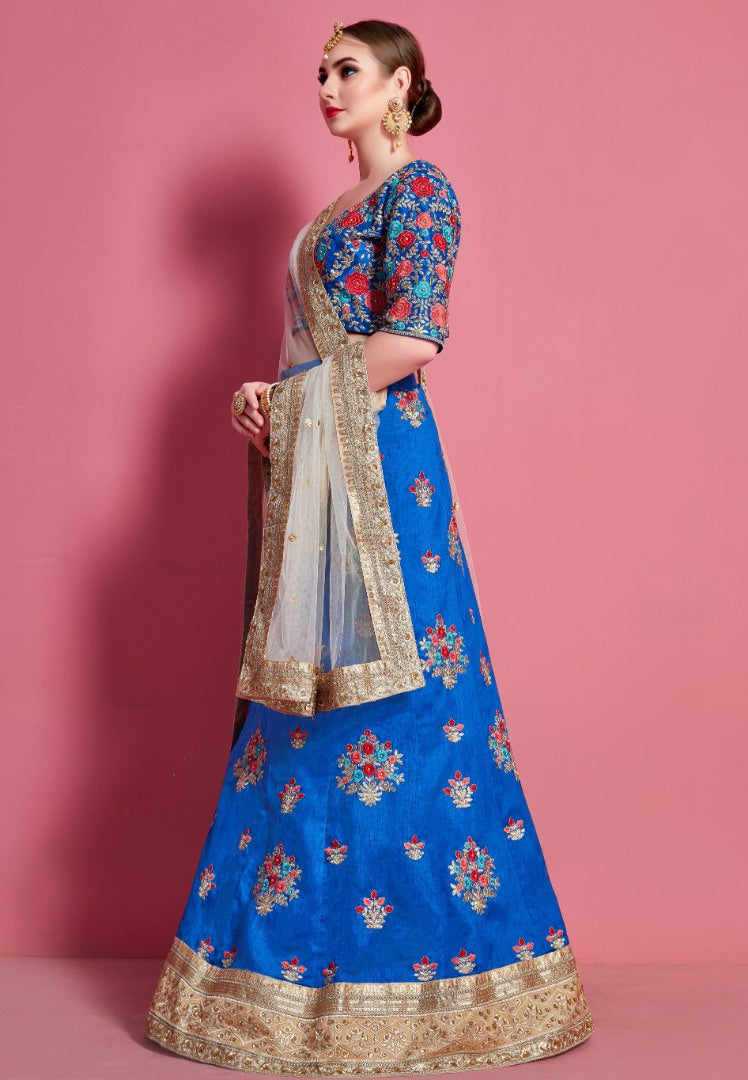 Blue art silk embroidered work party wear lehenga choli