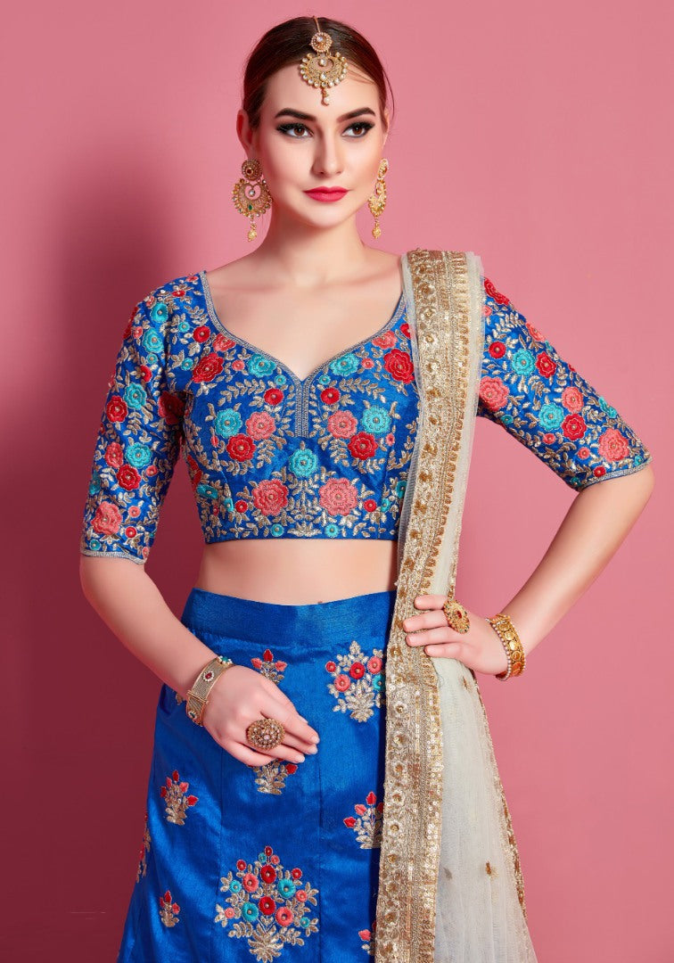 Blue art silk embroidered work party wear lehenga choli