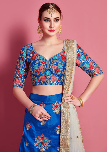 Blue art silk embroidered work party wear lehenga choli