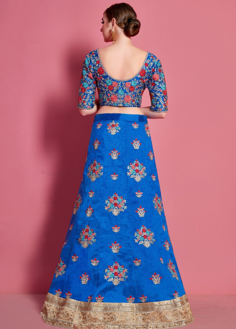 Blue art silk embroidered work party wear lehenga choli