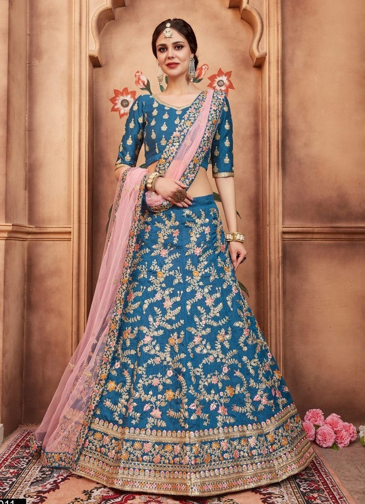 Blue art silk heavy embroidered bridal lehenga choli