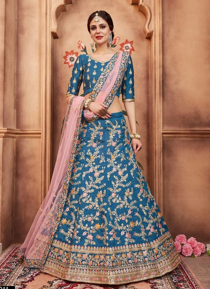 Blue art silk heavy embroidered bridal lehenga choli