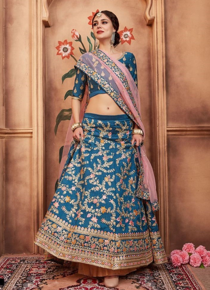 Blue art silk heavy embroidered bridal lehenga choli